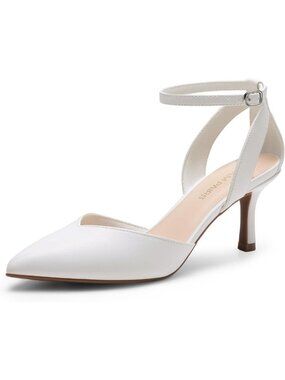 Dream Pairs Women White-pu Closed Pointed Toe Kitten Heels Ankle Strap Pumps
